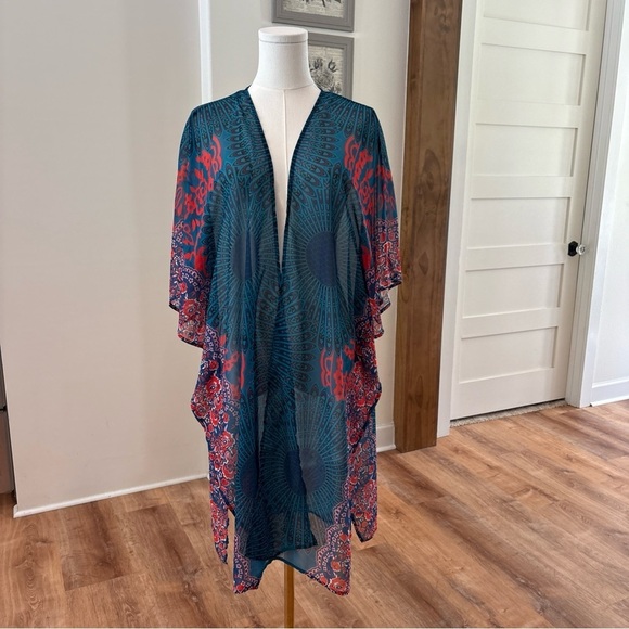 Source Unknown Tops - Women's Large Sheer Long Kimono Teal Blue Orange Boho Overlay Casual Flowy Top